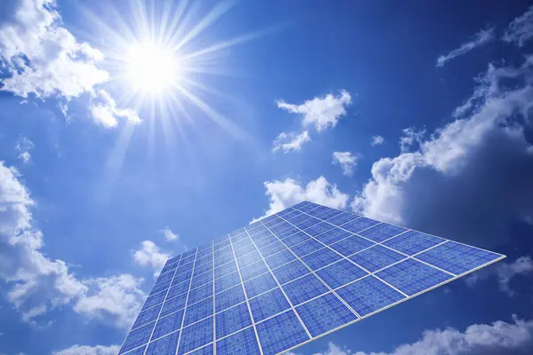 Concepto Energía Solar Panel Solar Contra Cielo Azul —  Fotos de Stock