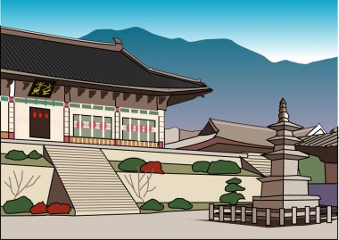 Güzel antik Japon tapınağının renkli çizimi