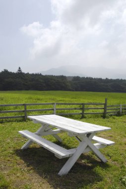 Doğanın güzel manzarası, beyaz masa ve yeşil çimenli banklar. 