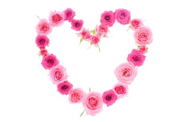 kalp beyaz arka planda pembe güllerden yapılmıştır.