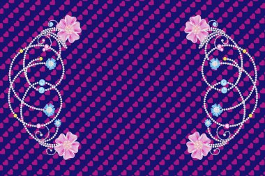 Gümüş tomarlardan, mavi taşlardan ve pembe çiçeklerden oluşan simetrik, süslü bir mücevher dizaynı. Küçük pembe kalplerle donatılmış koyu mavi bir arka planda bir alan.