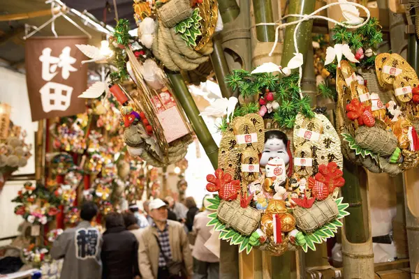 Bunch Auspicious Rakes Kissh Kumade People Tori Ichi Festival Japan — Stock Photo, Image