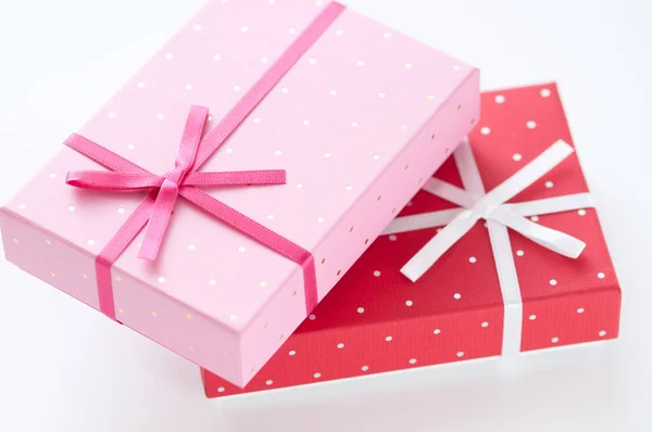 Gift Boxes Ribbons Bows White Background Closeup — Stock Photo, Image