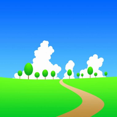 Yol, ağaçlar ve mavi gökyüzü ile doğanın resmedilmiş hali