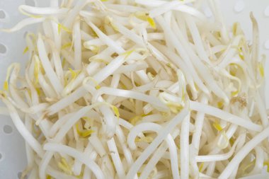 Lezzetli filizler, arka planda soya fasulyesi filizleri.