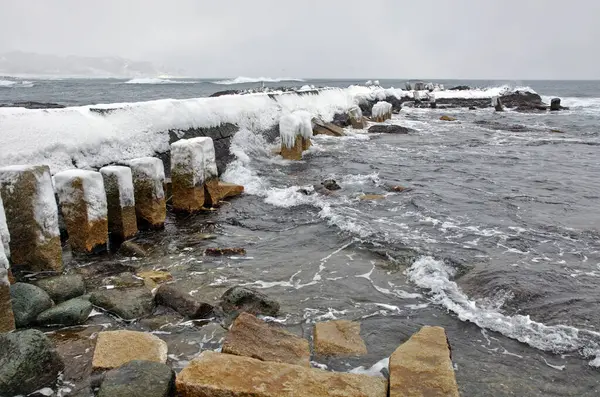 sea landscape with rocks and snow