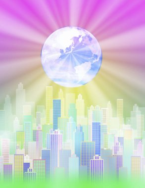 Parlak bulutlar renkli bir ışık saçar Pastel bir şehrin ufuk çizgisine.