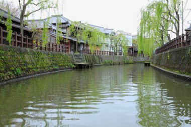 Geleneksel binaları ve yeşil söğüt ağaçlarını geçen su yolunu yansıtıyor.