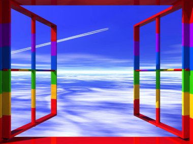 Açık pencerenin bulutlu gökyüzü ile oluşturulmuş 3d arkaplanı