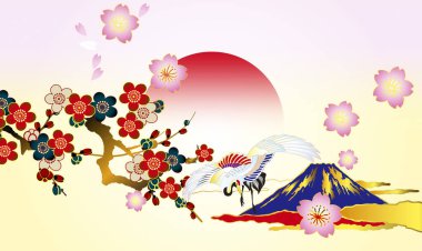 Bir vinç ve bir dağ resmi, Japon yeni yıl kartı.