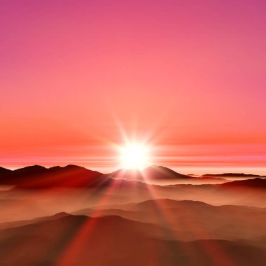 Kızıl gökyüzü ve dağların üzerindeki bulutlarla güzel bir gün doğumu.