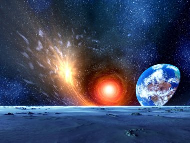 2D güzel bilim kurgu uzay gezegeni manzarasının yaratıcı bir çizimi.