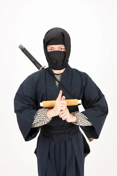 Portret Van Aziatische Mannelijke Samoerai Met Katana Kimono — Stockfoto