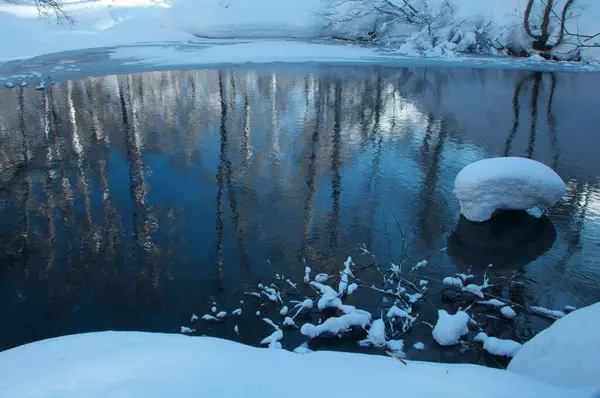 有雪和池塘的冬季景观 — 图库照片