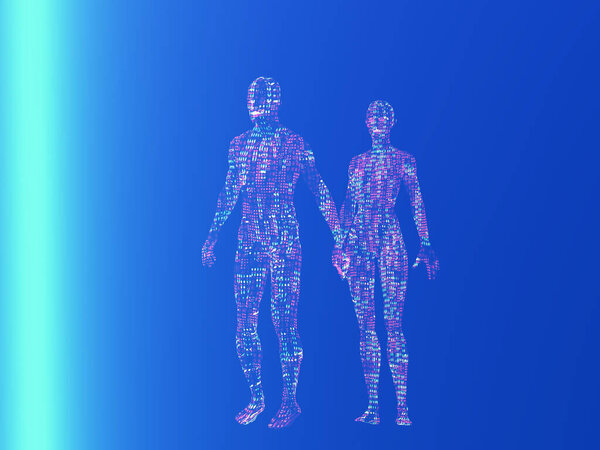  wireframe голограмма мужских и женских тел на синем фоне