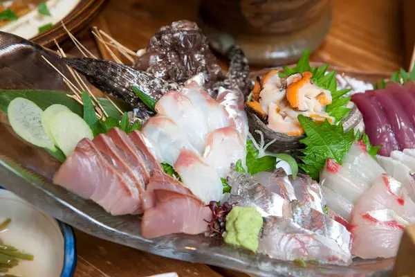 Close View Delicious Asian Food Plate Raw Fish — Stock Photo, Image