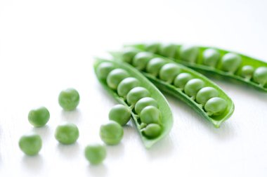 Beyaz arkaplanda yeşil fasulyeler, kapatın.