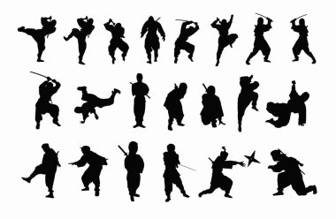 Ninja adam siluetleri beyaz arkaplanda 