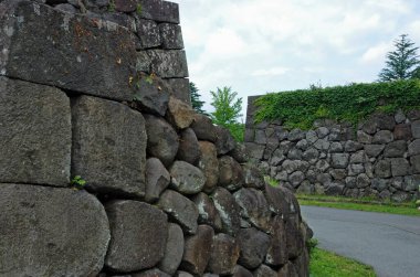 Etrafı yeşilliklerle çevrili taş duvarlar yol oluşturuyor.