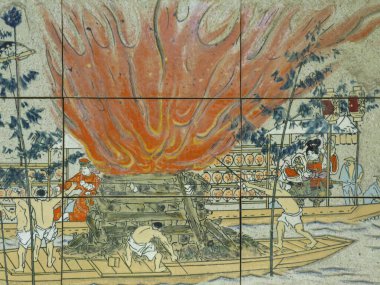 Geleneksel bir Japon tapınağının duvarına resim yapmak.