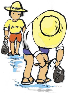 Şapka takan çocuklar su kenarında deniz kabuğu topluyor.