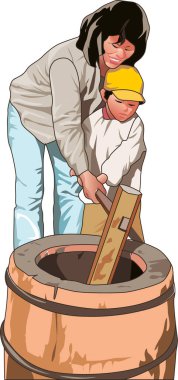 Kadın ve çocuk dışarıda namlunun ucunda birlikte çalışıyorlar.