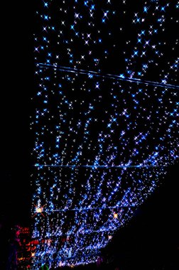 Şehir caddesi gece aydınlık çelenklerle dolu.  