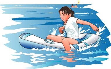 Şişme bir teknede yüzen tatlı kız.