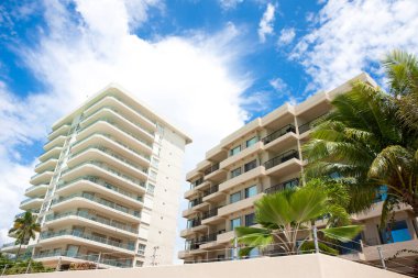 Mavi gökyüzünün altında palmiye ağaçları olan modern apartmanlar.