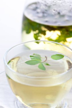 Masada taze nane yapraklı bitki çayı.