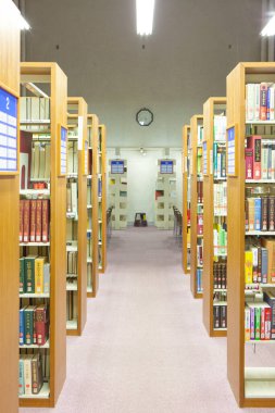 Üniversite kütüphanesinin içi kitaplık ve diğer mobilyalarla dolu