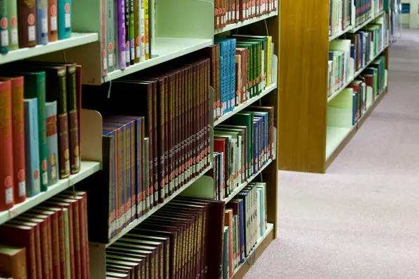 Üniversite kütüphanesinin içi kitaplık ve diğer mobilyalarla dolu