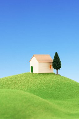 Yeşil çimenli ve ağaçlı minyatür ev modeli                  
