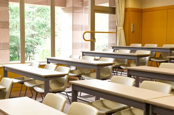 Okuldaki boş sınıfın içinde. Sıralar dolusu tahta masa ve sandalye.