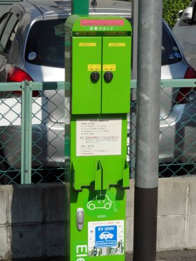 Park halindeki arabaların yanındaki yeşil elektrikli araç şarj istasyonu.