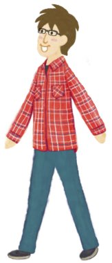 Beyaz arka planda yürüyen çizgi film karakteri..