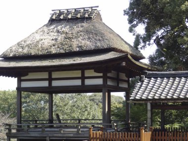 Geleneksel Japon çardağında yemyeşil ağaçların yanında sazdan çatı var.