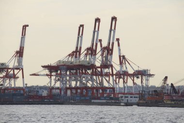 Yükleme vinçleriyle Japonya 'daki sanayi limanının görüntüsü
