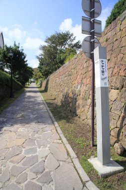 Uzun taş duvarların ve yeşil ağaçların yanında güneşli taş patika