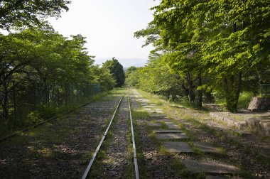Ufukta yeşil ağaçlar ve tepeler olan kırsal kesimde demiryolu rayları