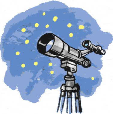 Bir teleskopun yıldızlı bir gece gökyüzünü gözleyen üç ayaklı bir teleskobun renkli çizimi.