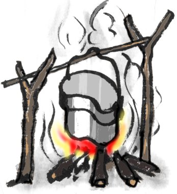 Kamp ateşinin üzerinde asılı duran, dışarıda yemek pişiren bir tencere resmi..