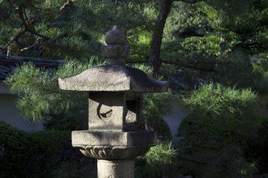 Yeşil çam dallarının arasında duran taş fener.