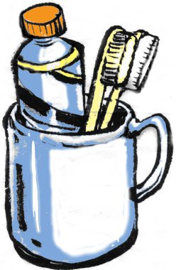 Bardaktaki diş fırçası ve diş macununun renkli bir çizimi.