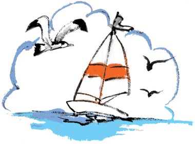 Kuşlu bir yelkenli çizimi