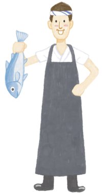 Bir şef beyaz arka planda balık pişiriyor..