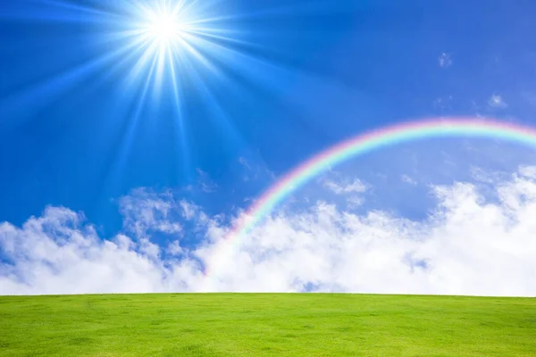 Green Meadow Rainbow Blue Sky — Stock Photo, Image
