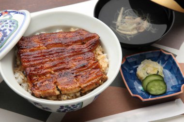 Unadon 'un mutfak fotoğrafı, Izgara Eel Rice Bowl, popüler bir Japon lezzeti. 