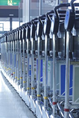 Bagaj için boş yük arabaları olan havaalanı terminali