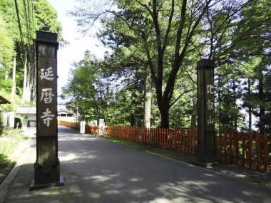 Uzun tahta sütunlar ve ağaçların yer aldığı güneşli tapınak girişi.